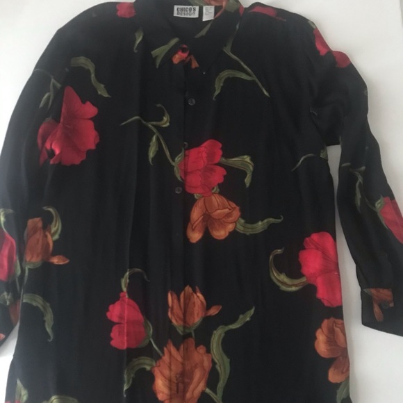 Chicos Design Silk Blouse Black Red Flowers Long Sheer Sz 2 - Picture 3 of 8